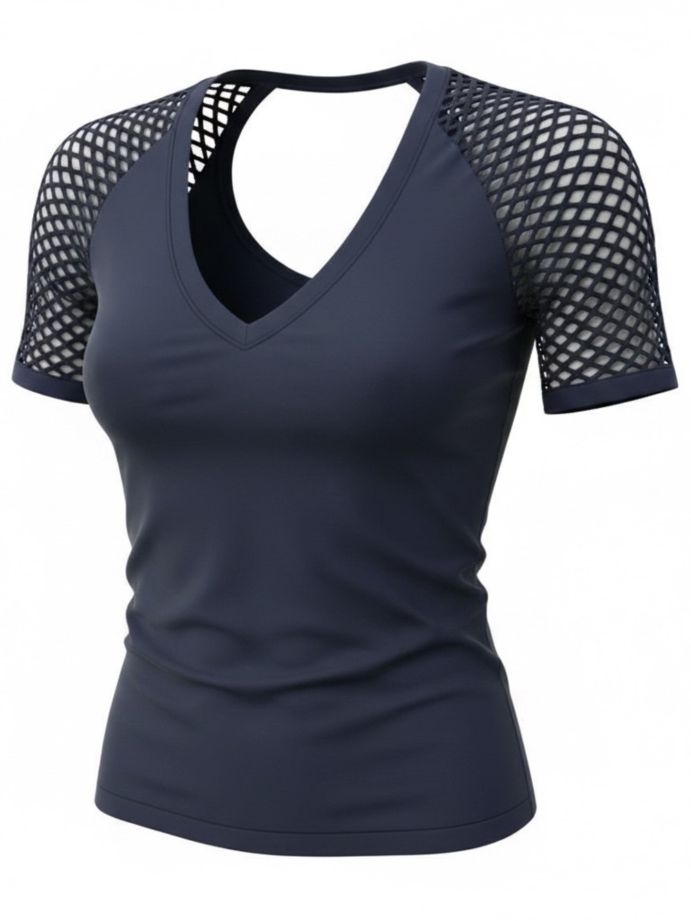 VENUS Navy Stretch V-Neck Top with Mesh Short Sleeve Detail